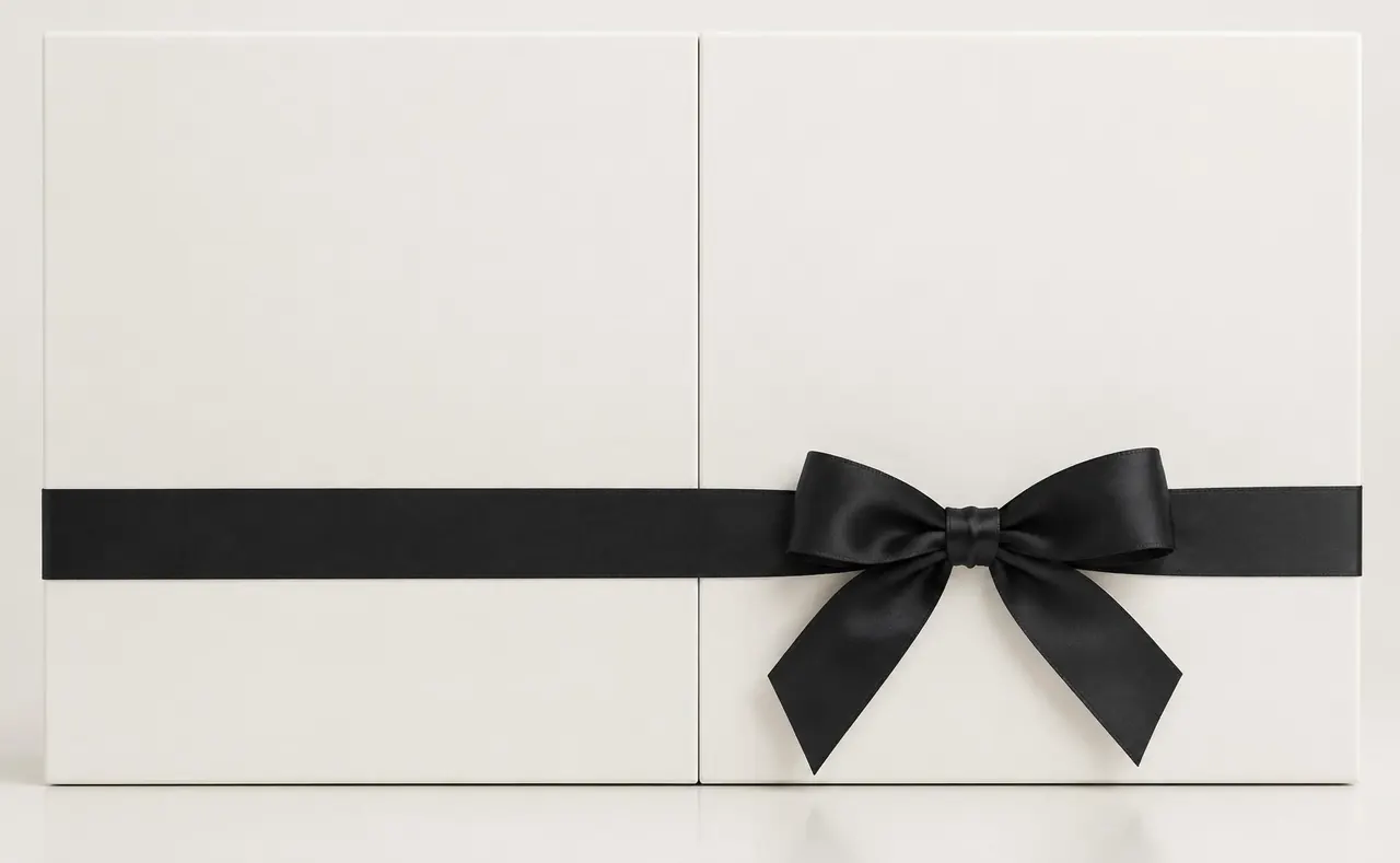 Off-white presentation box tied with a black satin ribbon