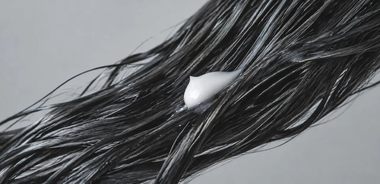 Pearl of hair mask on wet black hair strands