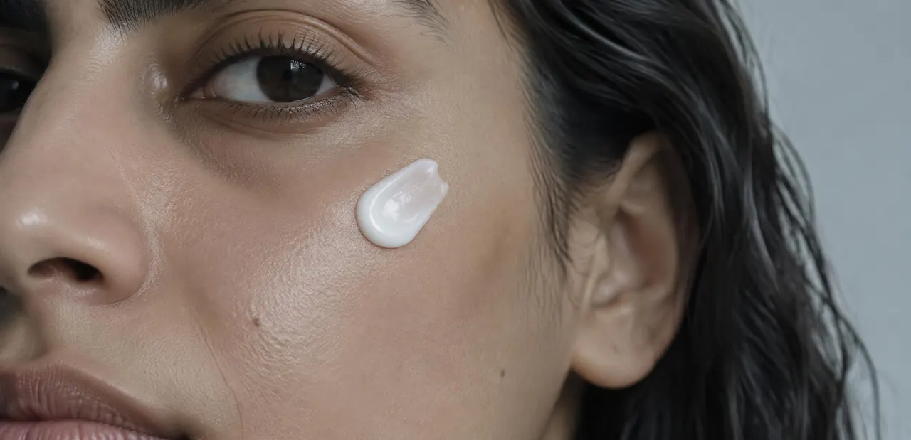 Pearl of cream on natural cheek texture