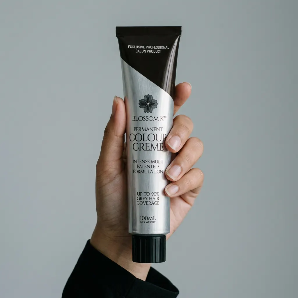 Hand holding BlossomK Biotin Hair Colour Cream with Collagen – 100ml against a cool grey background