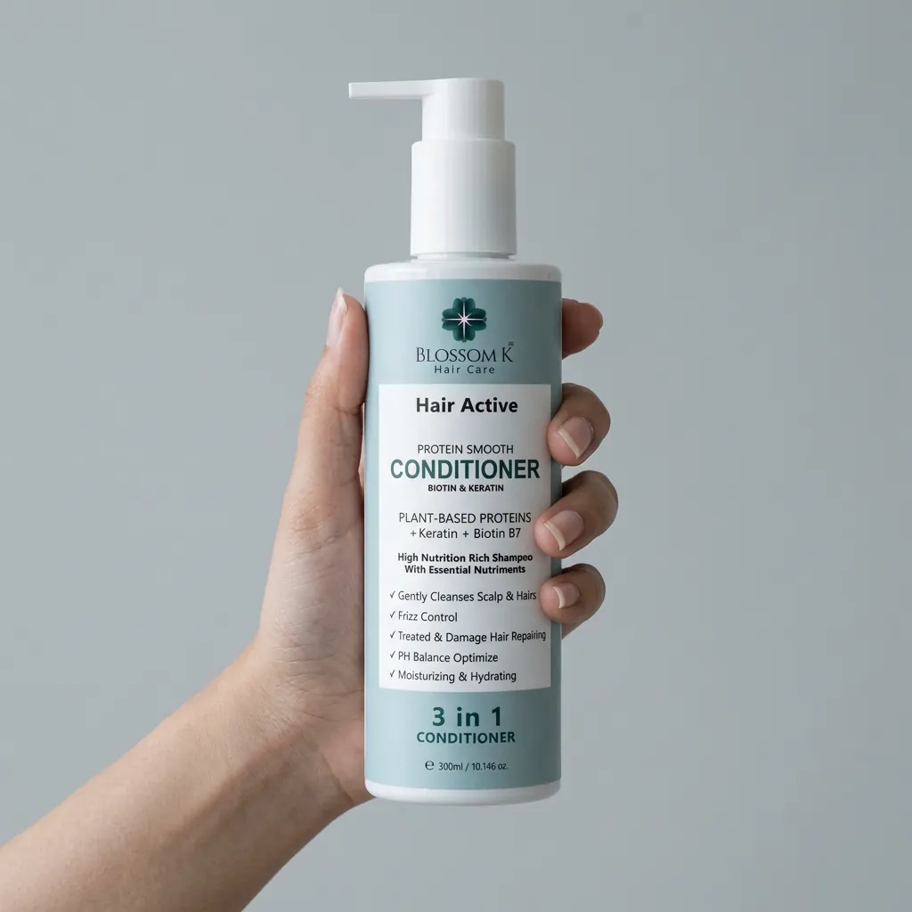 Hand holding BlossomK Hair Active 3-in-1 Protein Smooth Conditioner with Biotin and Keratin – 300ml against a cool grey background
