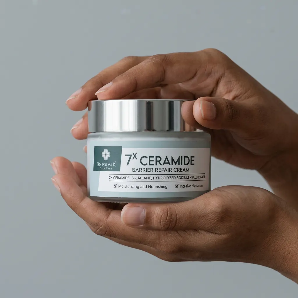 Hand holding BlossomK Pink Cloud Creamy Jelly Cleanser 120ml against a cool grey background