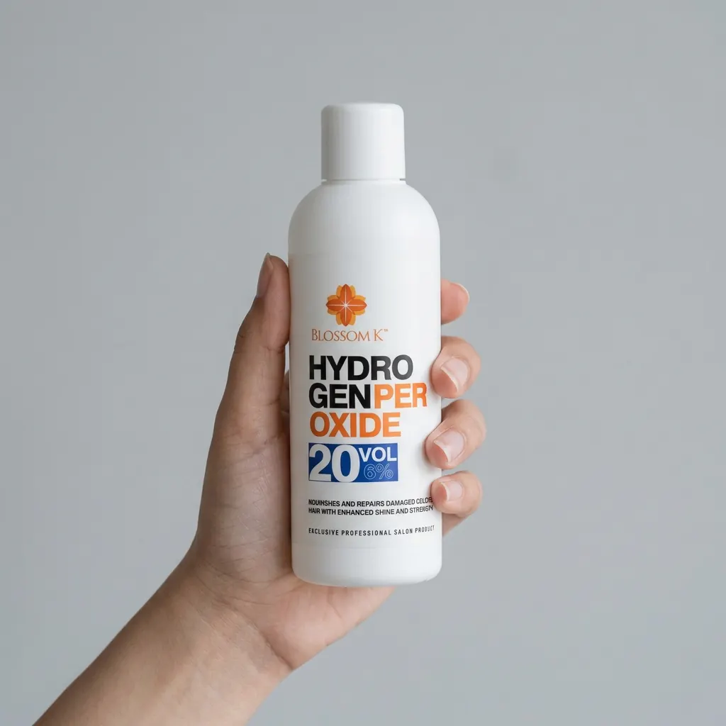 Hand holding BlossomK Hydrogen Peroxide Developer 1000ml — Professional Salon Size against a cool grey background