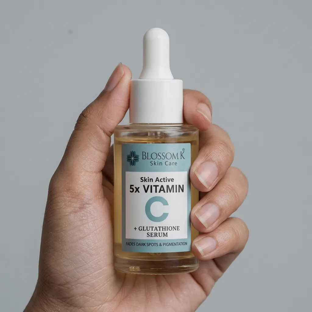 Hand holding BlossomK Hyaluronic Acid & Peptides Serum 30ml against a cool grey background