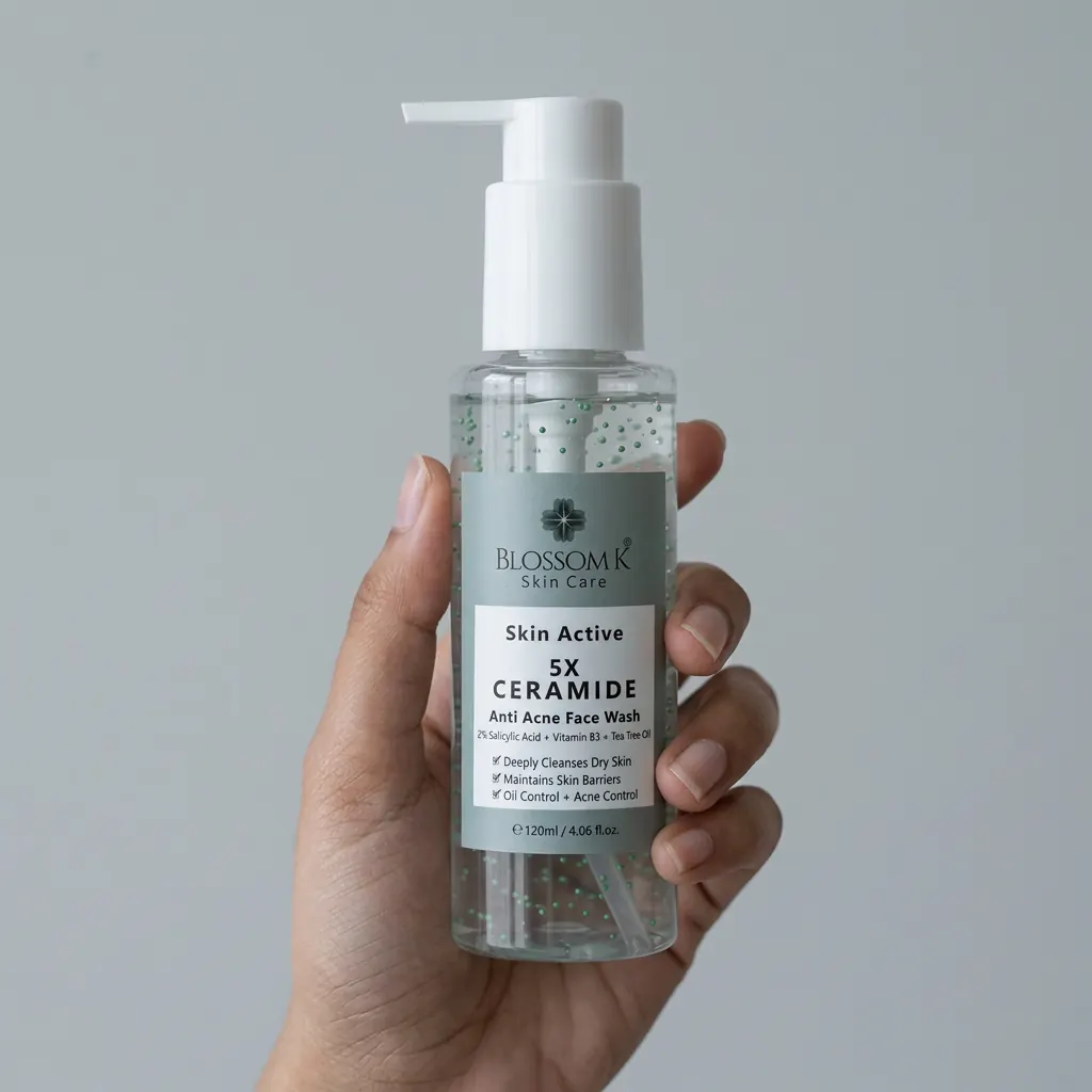Hand holding BlossomK Brightening Face Wash – AHA + Ceramide + Niacinamide 120ml against a cool grey background