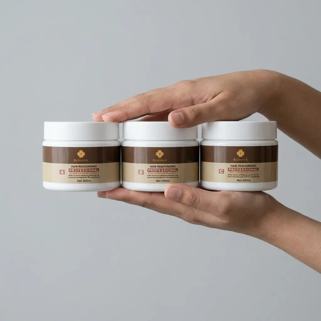 Hand holding BlossomK Rebonding Cream 500ml – Collagen Care Keratin, Salon Size against a cool grey background