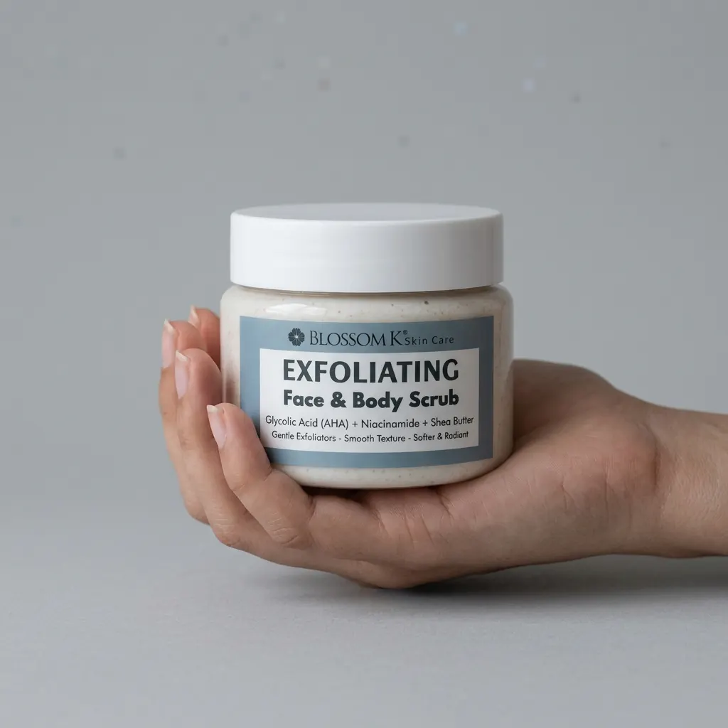 Hand holding BlossomK Exfoliating Face and Body Scrub 200g against a cool grey background