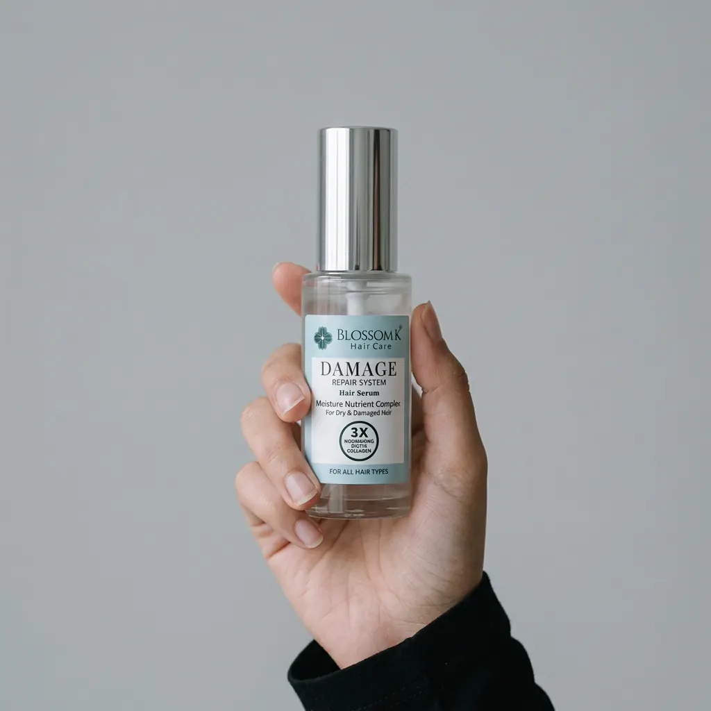 Hand holding BlossomK Anti-Frizz Hair Serum for Dry & Damaged Hair – 100ml against a cool grey background