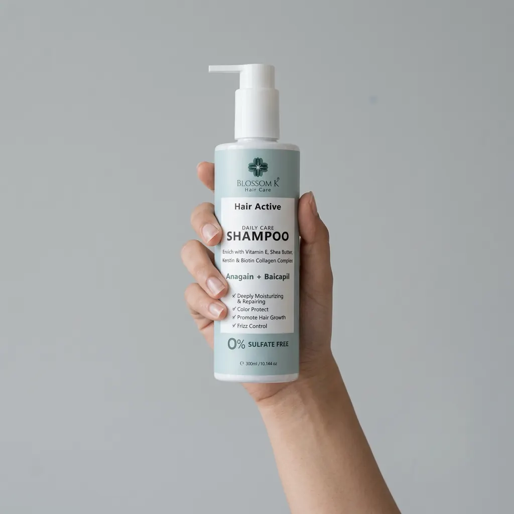 Hand holding BlossomK Hair Active Daily Care Shampoo with Anagain & Baicapil - 300ml against a cool grey background