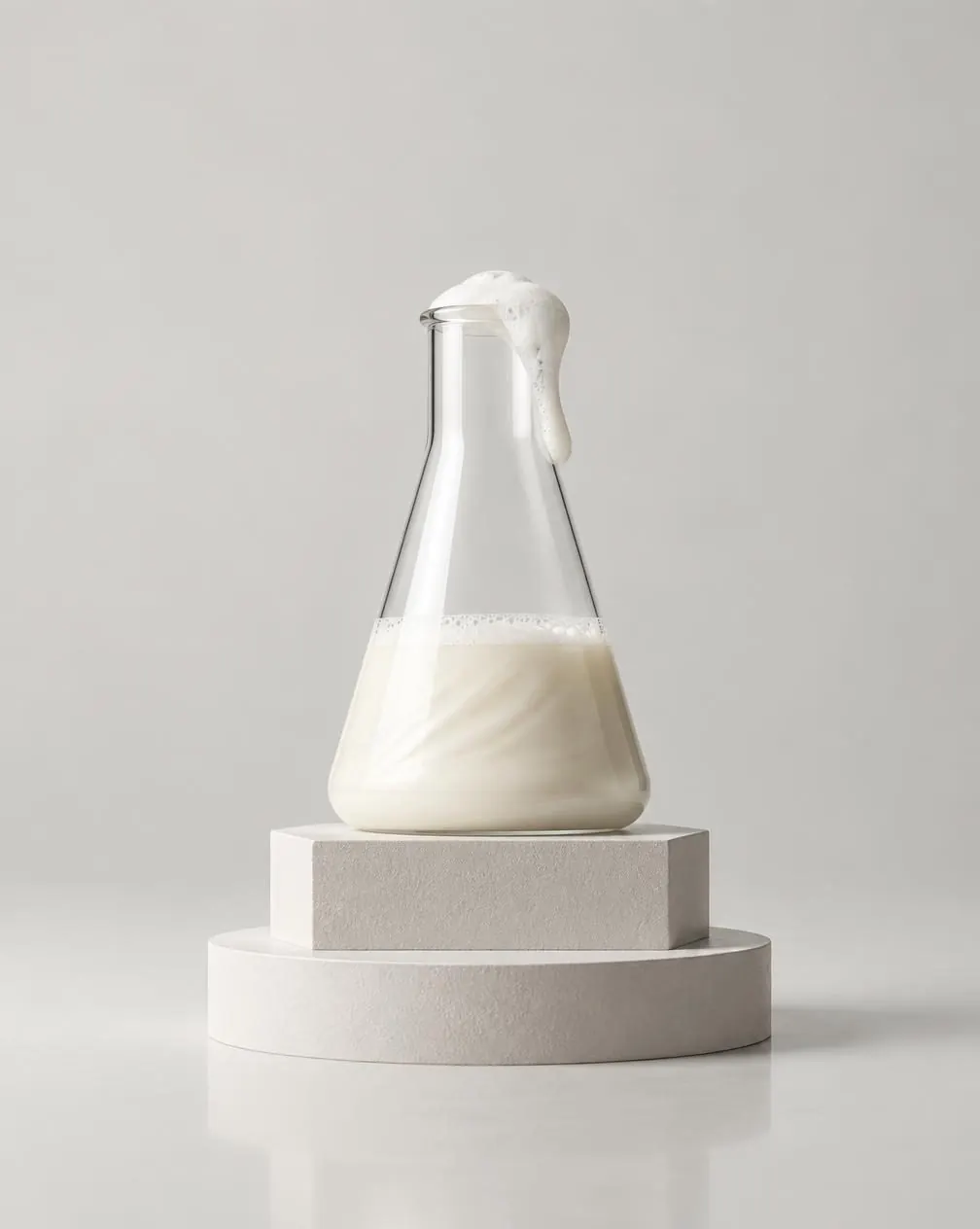 Clear laboratory flask with a focused pearly formula