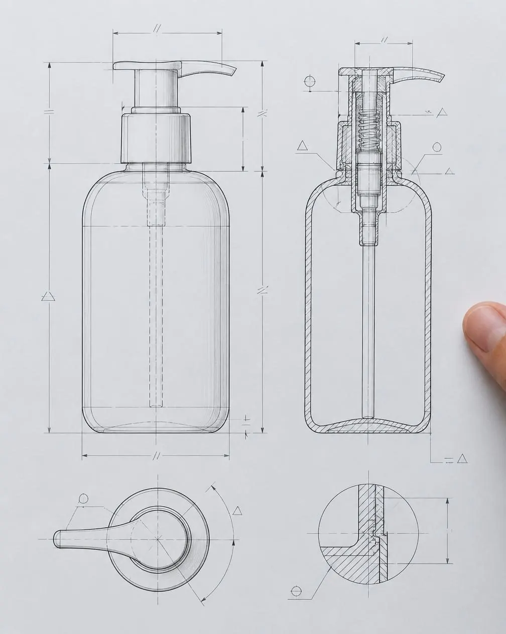 Technical pump bottle drawing under review